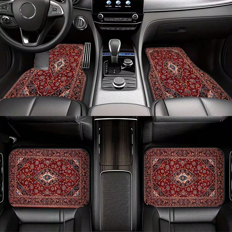 4PCS Bohemian European Style Printed Fashion Minimalist Car Floor Mats, Anti-Slip Stable No Displacement, Durable And Wear-Resistant, All-Season Universal, Practical Car Interior Decoration Accessorie