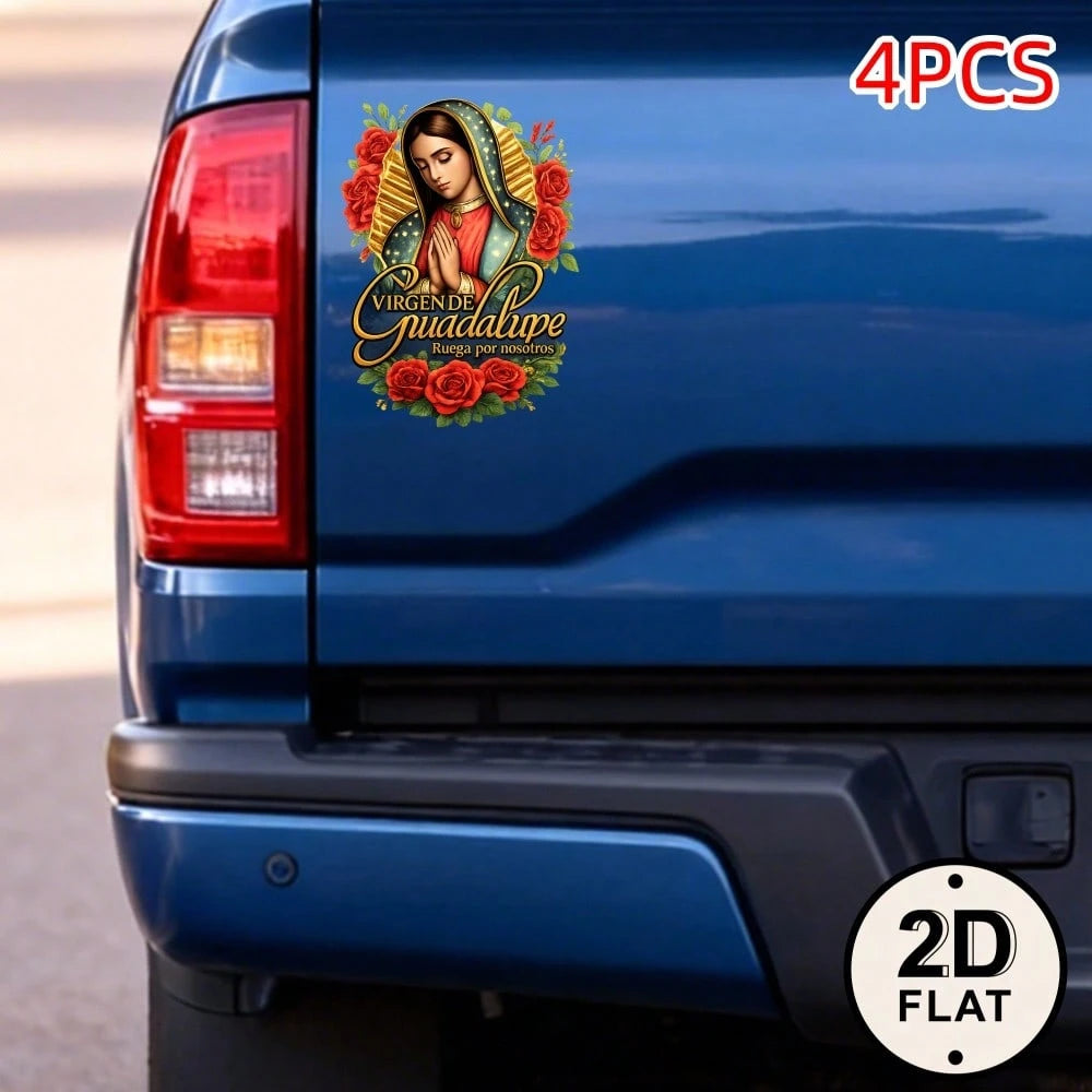 4pcs Car Stickers And Decals, Car Window Decals Vinyl, Virgin Of Guadalupe With Roses And Gold Frame Automotive Decals,Funny Bumper Stickers