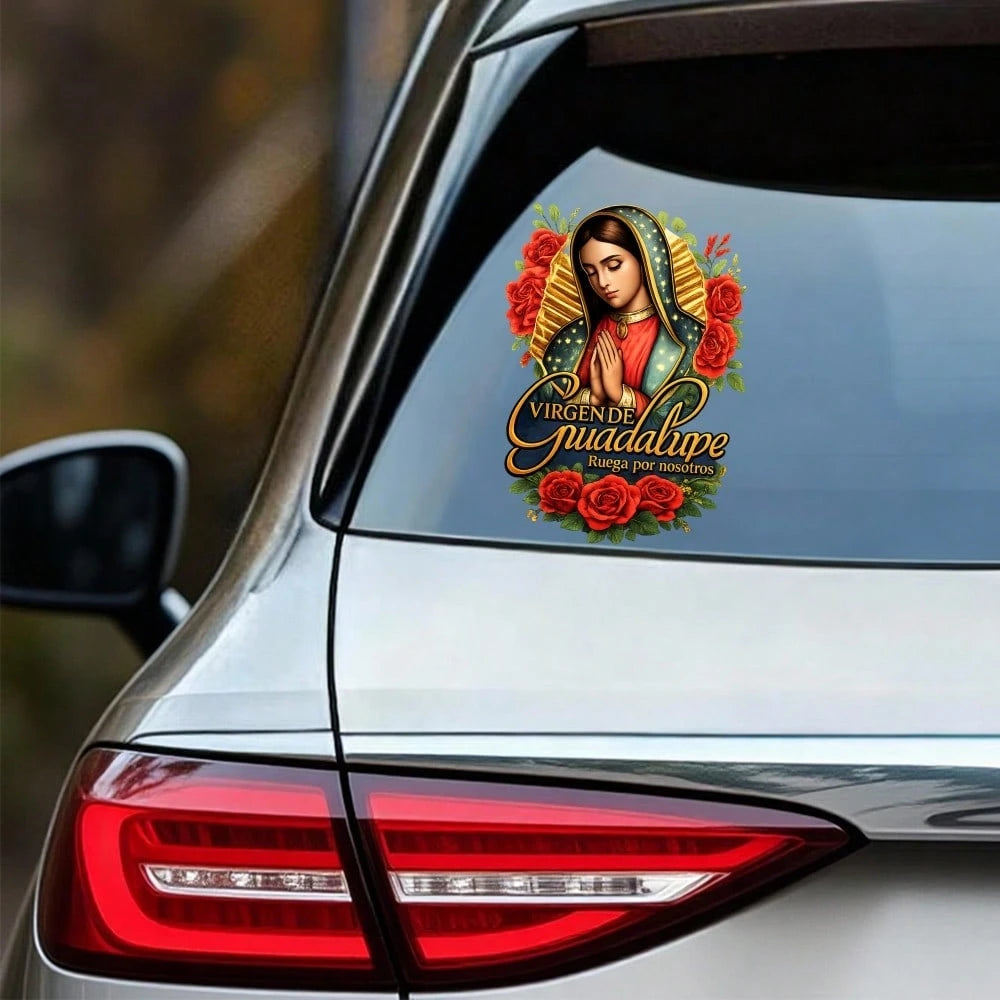 4pcs Car Stickers And Decals, Car Window Decals Vinyl, Virgin Of Guadalupe With Roses And Gold Frame Automotive Decals,Funny Bumper Stickers