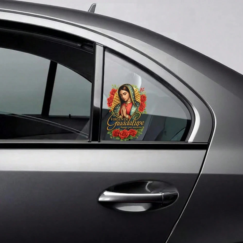 4pcs Car Stickers And Decals, Car Window Decals Vinyl, Virgin Of Guadalupe With Roses And Gold Frame Automotive Decals,Funny Bumper Stickers