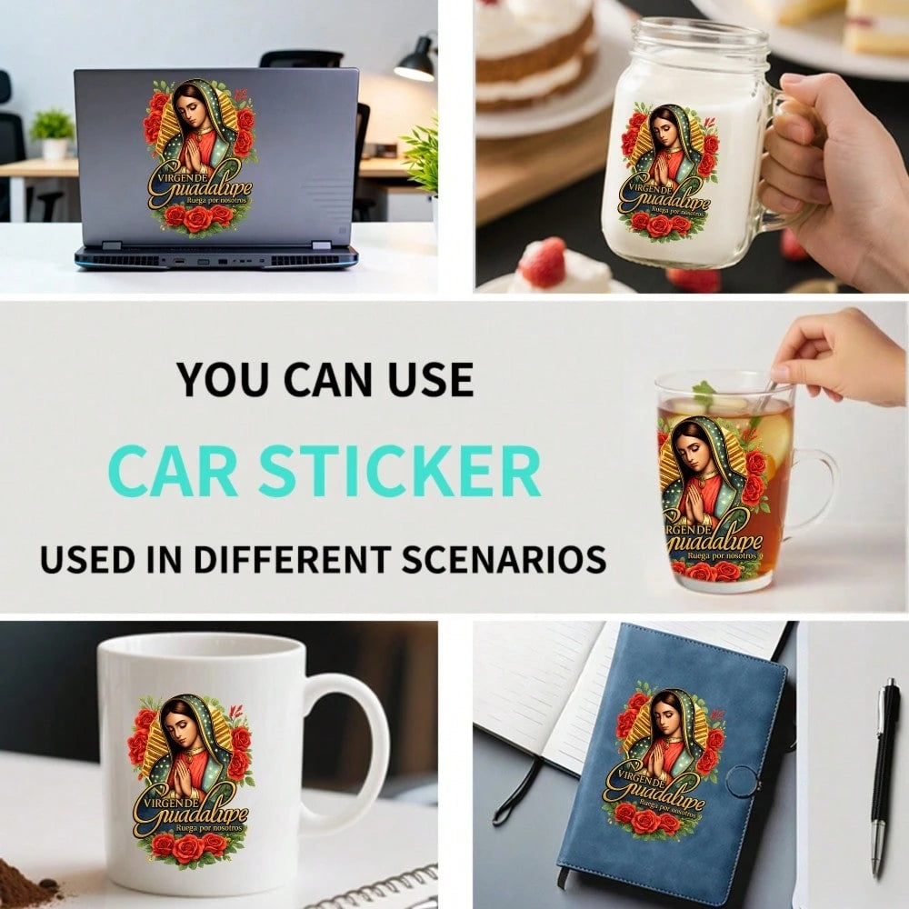 4pcs Car Stickers And Decals, Car Window Decals Vinyl, Virgin Of Guadalupe With Roses And Gold Frame Automotive Decals,Funny Bumper Stickers