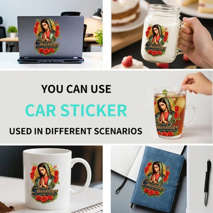 4pcs Car Stickers And Decals, Car Window Decals Vinyl, Virgin Of Guadalupe With Roses And Gold Frame Automotive Decals,Funny Bumper Stickers