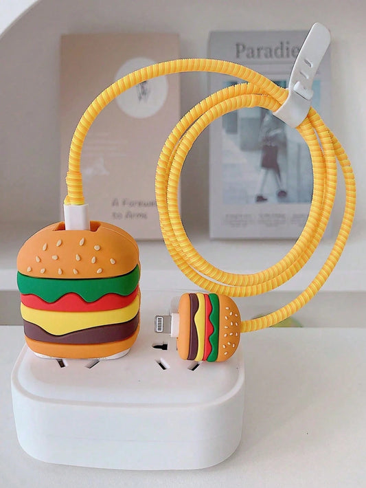 4pcs Cartoon Cute Hamburger & Apple Design Protective Case Compatible With IPhone Charger & Cable, Suitable For 18/20W Apple Charger And Data Cable, Tidy Cable Management, Anti-Collision, Anti-Scratch