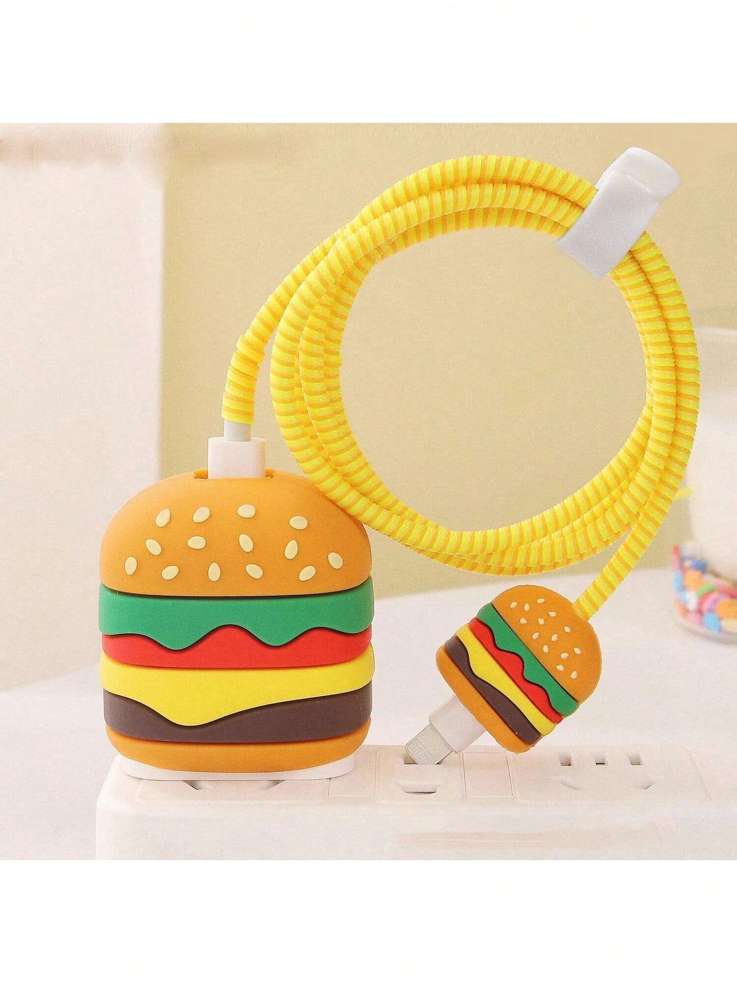 4pcs Cartoon Cute Hamburger & Apple Design Protective Case Compatible With IPhone Charger & Cable, Suitable For 18/20W Apple Charger And Data Cable, Tidy Cable Management, Anti-Collision, Anti-Scratch