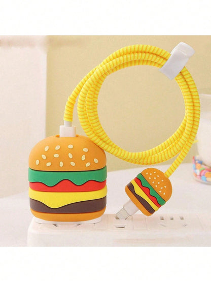 4pcs Cartoon Cute Hamburger & Apple Design Protective Case Compatible With IPhone Charger & Cable, Suitable For 18/20W Apple Charger And Data Cable, Tidy Cable Management, Anti-Collision, Anti-Scratch