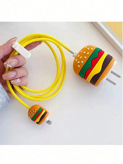 4pcs Cartoon Cute Hamburger & Apple Design Protective Case Compatible With IPhone Charger & Cable, Suitable For 18/20W Apple Charger And Data Cable, Tidy Cable Management, Anti-Collision, Anti-Scratch