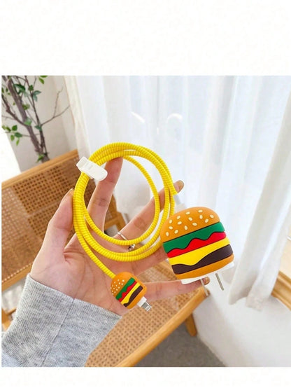 4pcs Cartoon Cute Hamburger & Apple Design Protective Case Compatible With IPhone Charger & Cable, Suitable For 18/20W Apple Charger And Data Cable, Tidy Cable Management, Anti-Collision, Anti-Scratch