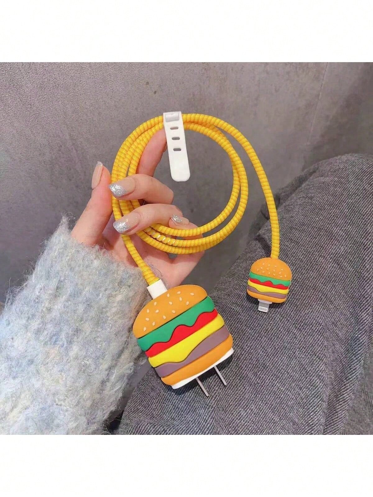 4pcs Cartoon Cute Hamburger & Apple Design Protective Case Compatible With IPhone Charger & Cable, Suitable For 18/20W Apple Charger And Data Cable, Tidy Cable Management, Anti-Collision, Anti-Scratch
