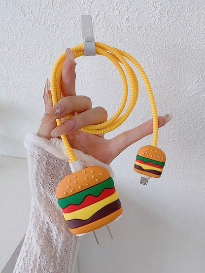 4pcs Cartoon Cute Hamburger & Apple Design Protective Case Compatible With IPhone Charger & Cable, Suitable For 18/20W Apple Charger And Data Cable, Tidy Cable Management, Anti-Collision, Anti-Scratch