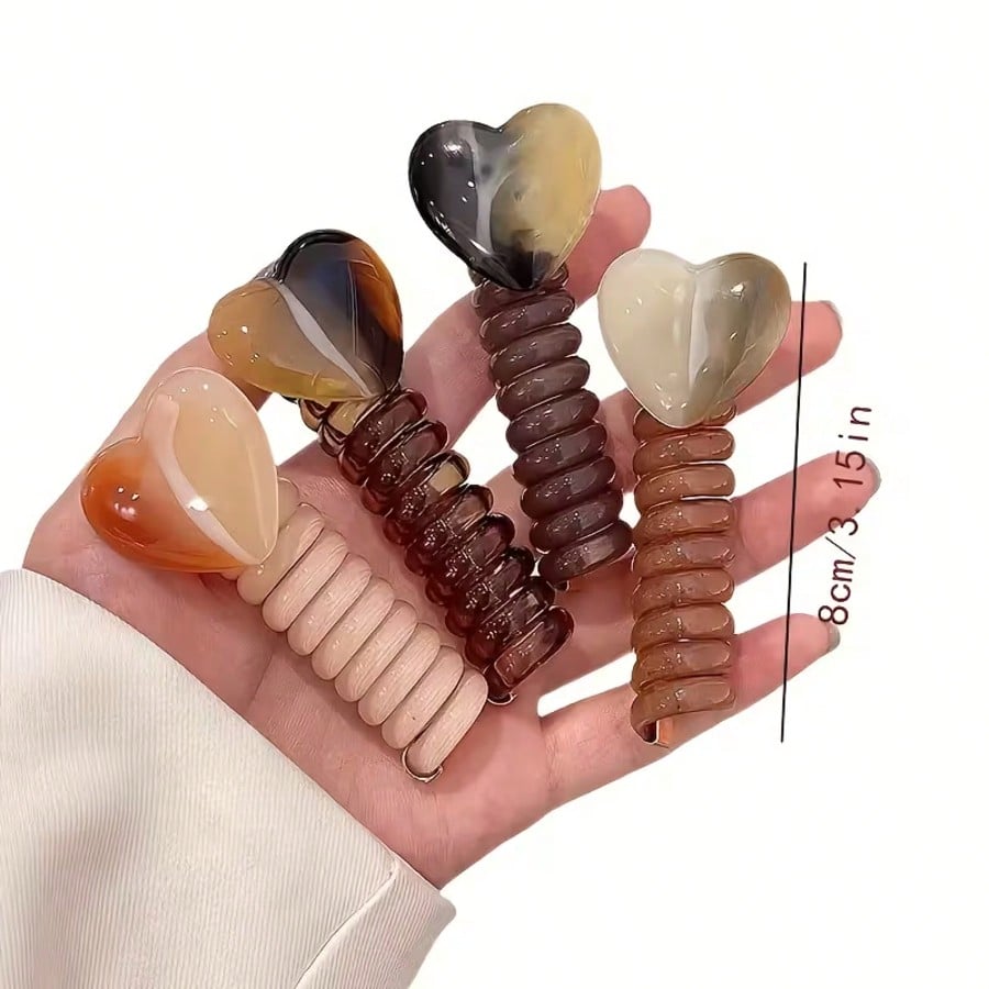 4pcs Elegant Heart & Geometric Pattern Hair Ties- Mixed Colors, All-Season Resin Ponytail Hair Bands- Perfect Accessory For Daily Wear (Product May Have Slight Residue, Can Be Removed, Normal Phenom