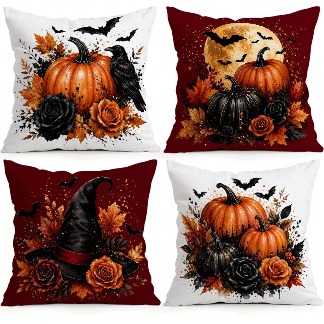 4pcs Halloween Pumpkin & Bat Pattern Single-Sided Printed Pillow Covers/Cushion Covers, Multi-Scene Atmosphere Decor Pillow Covers Suitable For Living Room, Sofa, Bedroom, Pillow Inserts Not Included