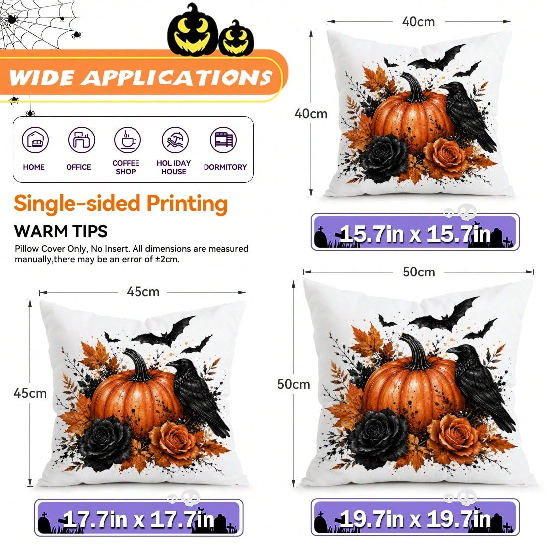 4pcs Halloween Pumpkin & Bat Pattern Single-Sided Printed Pillow Covers/Cushion Covers, Multi-Scene Atmosphere Decor Pillow Covers Suitable For Living Room, Sofa, Bedroom, Pillow Inserts Not Included