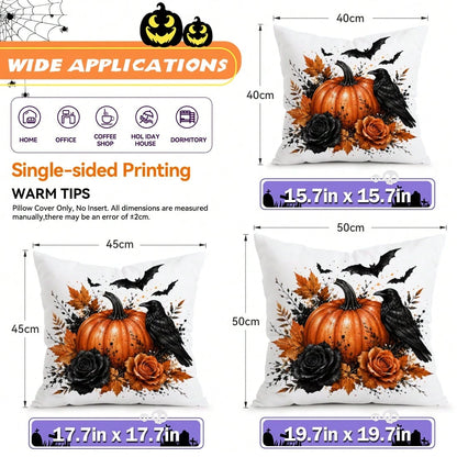 4pcs Halloween Pumpkin & Bat Pattern Single-Sided Printed Pillow Covers/Cushion Covers, Multi-Scene Atmosphere Decor Pillow Covers Suitable For Living Room, Sofa, Bedroom, Pillow Inserts Not Included