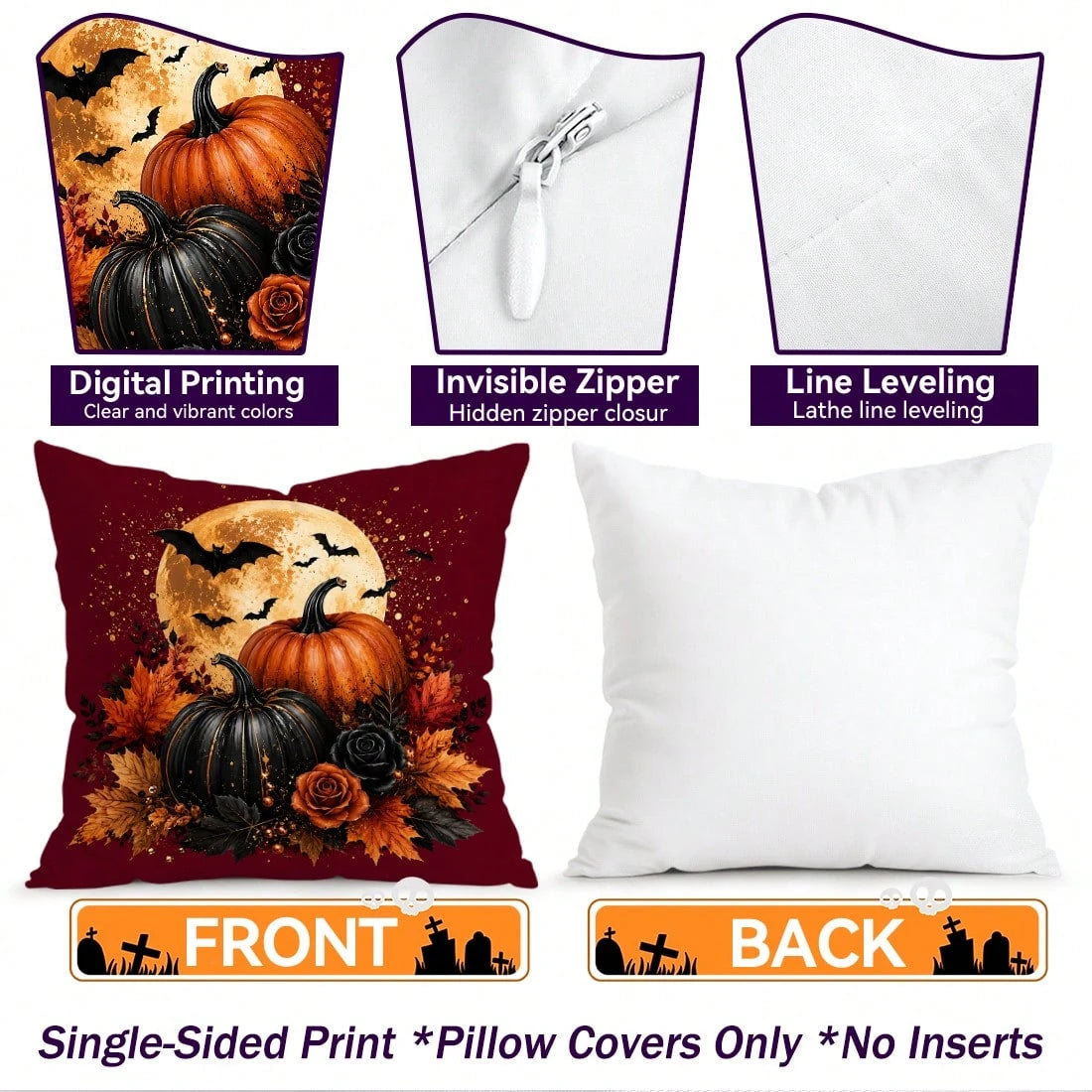 4pcs Halloween Pumpkin & Bat Pattern Single-Sided Printed Pillow Covers/Cushion Covers, Multi-Scene Atmosphere Decor Pillow Covers Suitable For Living Room, Sofa, Bedroom, Pillow Inserts Not Included