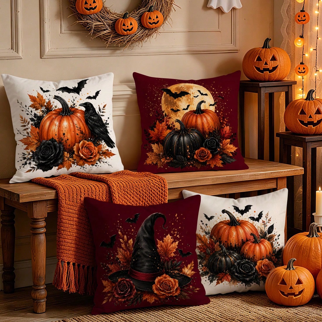 4pcs Halloween Pumpkin & Bat Pattern Single-Sided Printed Pillow Covers/Cushion Covers, Multi-Scene Atmosphere Decor Pillow Covers Suitable For Living Room, Sofa, Bedroom, Pillow Inserts Not Included