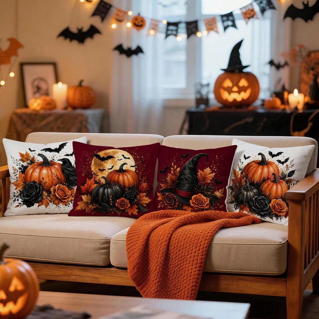 4pcs Halloween Pumpkin & Bat Pattern Single-Sided Printed Pillow Covers/Cushion Covers, Multi-Scene Atmosphere Decor Pillow Covers Suitable For Living Room, Sofa, Bedroom, Pillow Inserts Not Included
