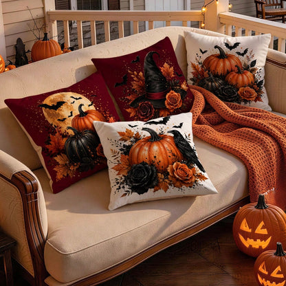 4pcs Halloween Pumpkin & Bat Pattern Single-Sided Printed Pillow Covers/Cushion Covers, Multi-Scene Atmosphere Decor Pillow Covers Suitable For Living Room, Sofa, Bedroom, Pillow Inserts Not Included