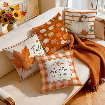 4pcs Orange Plaid Striped Autumn Text Pumpkin Pattern Pillow Covers, Single-Sided Printed Pillow Covers, Suitable For Living Room Bedroom Home Decor, All Season Pillow Covers