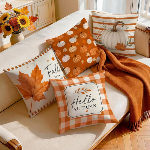 4pcs Orange Plaid Striped Autumn Text Pumpkin Pattern Pillow Covers, Single-Sided Printed Pillow Covers, Suitable For Living Room Bedroom Home Decor, All Season Pillow Covers