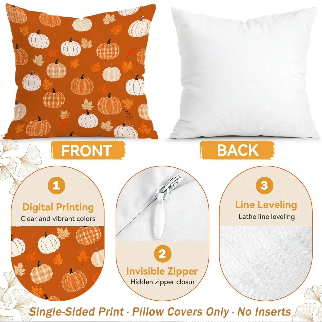 4pcs Orange Plaid Striped Autumn Text Pumpkin Pattern Pillow Covers, Single-Sided Printed Pillow Covers, Suitable For Living Room Bedroom Home Decor, All Season Pillow Covers
