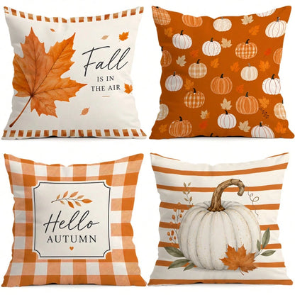 4pcs Orange Plaid Striped Autumn Text Pumpkin Pattern Pillow Covers, Single-Sided Printed Pillow Covers, Suitable For Living Room Bedroom Home Decor, All Season Pillow Covers