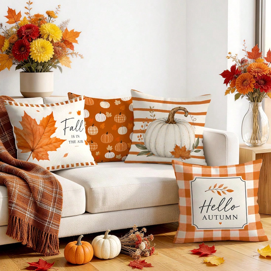 4pcs Orange Plaid Striped Autumn Text Pumpkin Pattern Pillow Covers, Single-Sided Printed Pillow Covers, Suitable For Living Room Bedroom Home Decor, All Season Pillow Covers