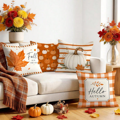 4pcs Orange Plaid Striped Autumn Text Pumpkin Pattern Pillow Covers, Single-Sided Printed Pillow Covers, Suitable For Living Room Bedroom Home Decor, All Season Pillow Covers