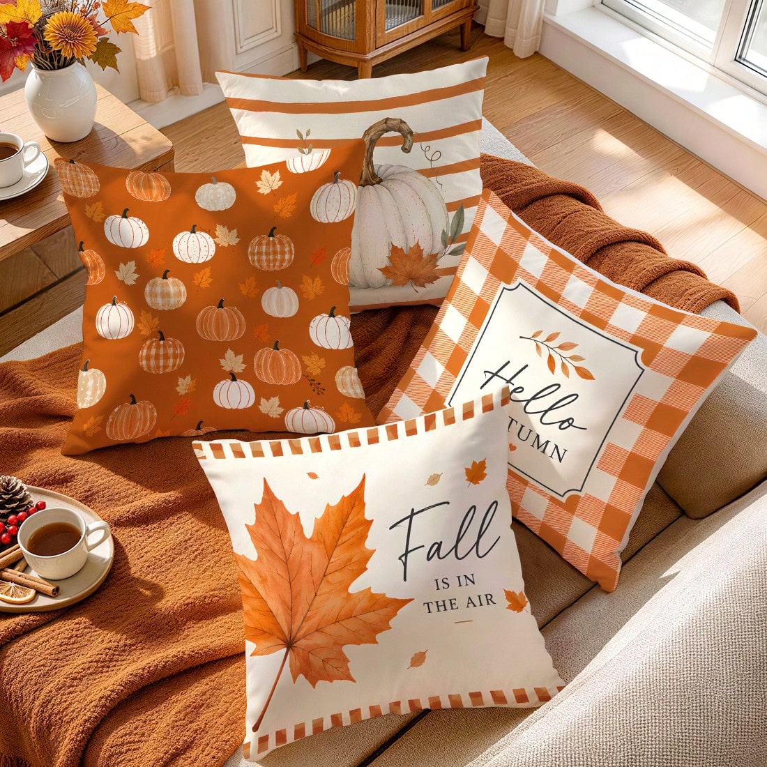 4pcs Orange Plaid Striped Autumn Text Pumpkin Pattern Pillow Covers, Single-Sided Printed Pillow Covers, Suitable For Living Room Bedroom Home Decor, All Season Pillow Covers