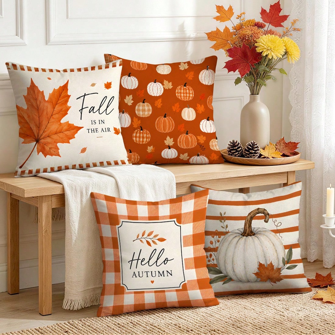 4pcs Orange Plaid Striped Autumn Text Pumpkin Pattern Pillow Covers, Single-Sided Printed Pillow Covers, Suitable For Living Room Bedroom Home Decor, All Season Pillow Covers