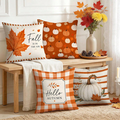 4pcs Orange Plaid Striped Autumn Text Pumpkin Pattern Pillow Covers, Single-Sided Printed Pillow Covers, Suitable For Living Room Bedroom Home Decor, All Season Pillow Covers