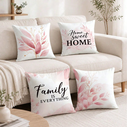 4pcs Pale Pink Gradient Gold Line Leaf Print Pattern Throw Pillow Covers [Pillow Insert Not Included], 40*40cm/45*45cm/50*50cm, [Single-Sided Print] Made Of Polyester Material Eucalyptus Leaf Home Swe