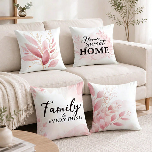 4pcs Pale Pink Gradient Gold Line Leaf Print Pattern Throw Pillow Covers [Pillow Insert Not Included], 40*40cm/45*45cm/50*50cm, [Single-Sided Print] Made Of Polyester Material Eucalyptus Leaf Home Swe