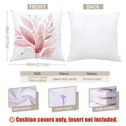 4pcs Pale Pink Gradient Gold Line Leaf Print Pattern Throw Pillow Covers [Pillow Insert Not Included], 40*40cm/45*45cm/50*50cm, [Single-Sided Print] Made Of Polyester Material Eucalyptus Leaf Home Swe