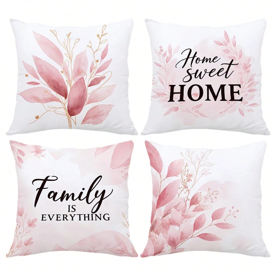 4pcs Pale Pink Gradient Gold Line Leaf Print Pattern Throw Pillow Covers [Pillow Insert Not Included], 40*40cm/45*45cm/50*50cm, [Single-Sided Print] Made Of Polyester Material Eucalyptus Leaf Home Swe
