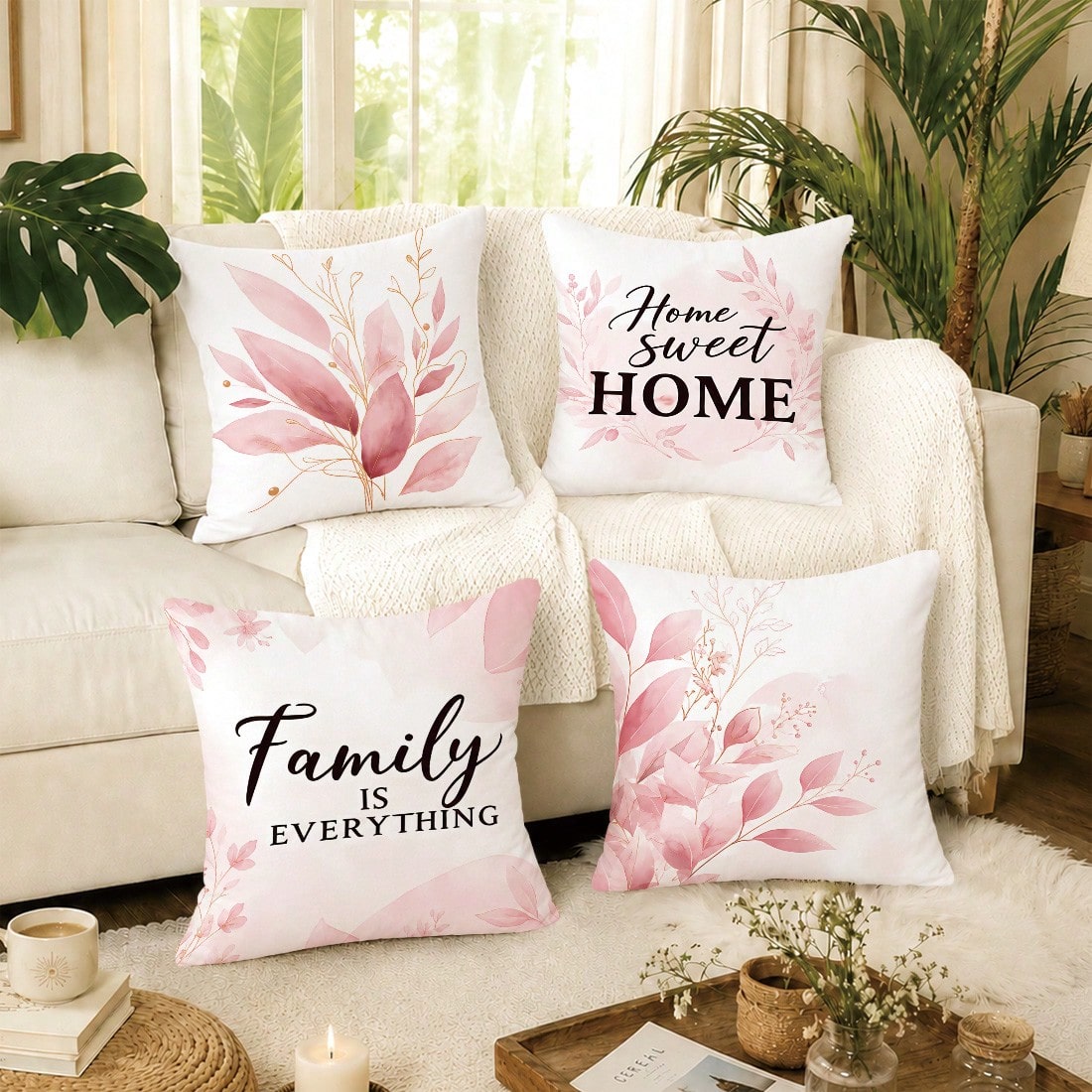 4pcs Pale Pink Gradient Gold Line Leaf Print Pattern Throw Pillow Covers [Pillow Insert Not Included], 40*40cm/45*45cm/50*50cm, [Single-Sided Print] Made Of Polyester Material Eucalyptus Leaf Home Swe