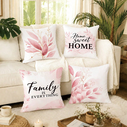 4pcs Pale Pink Gradient Gold Line Leaf Print Pattern Throw Pillow Covers [Pillow Insert Not Included], 40*40cm/45*45cm/50*50cm, [Single-Sided Print] Made Of Polyester Material Eucalyptus Leaf Home Swe