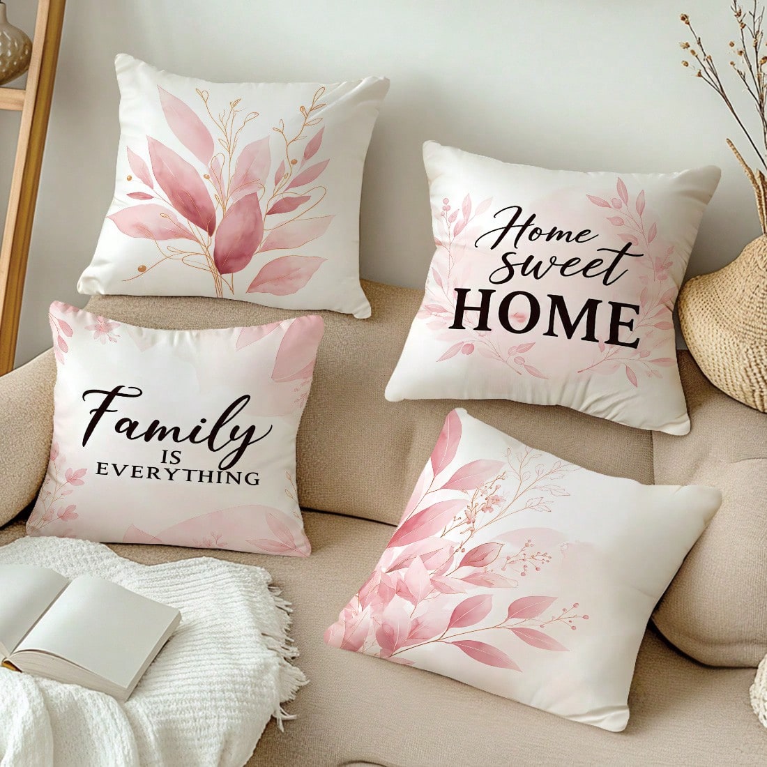 4pcs Pale Pink Gradient Gold Line Leaf Print Pattern Throw Pillow Covers [Pillow Insert Not Included], 40*40cm/45*45cm/50*50cm, [Single-Sided Print] Made Of Polyester Material Eucalyptus Leaf Home Swe
