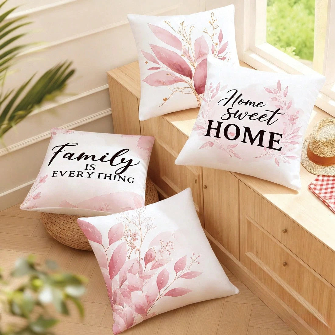 4pcs Pale Pink Gradient Gold Line Leaf Print Pattern Throw Pillow Covers [Pillow Insert Not Included], 40*40cm/45*45cm/50*50cm, [Single-Sided Print] Made Of Polyester Material Eucalyptus Leaf Home Swe