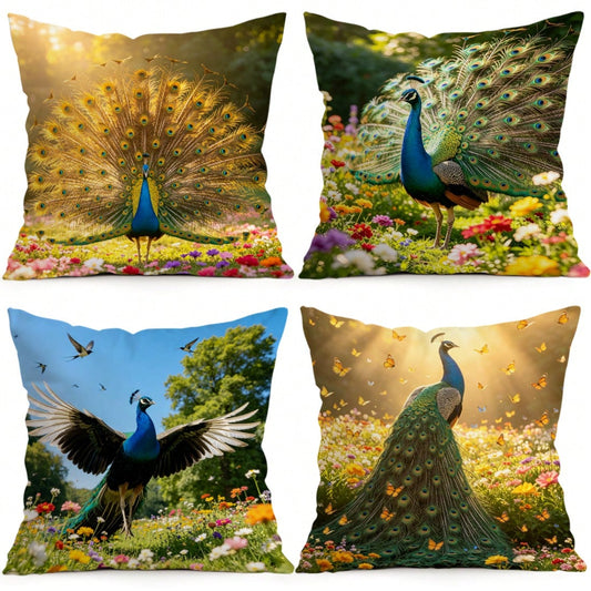 4pcs Peacock Pattern Pillow Covers Without Inserts, Single-Sided Printed Pillow Covers, Suitable For Living Room Bedroom Home Decor, All-Season Pillow Covers
