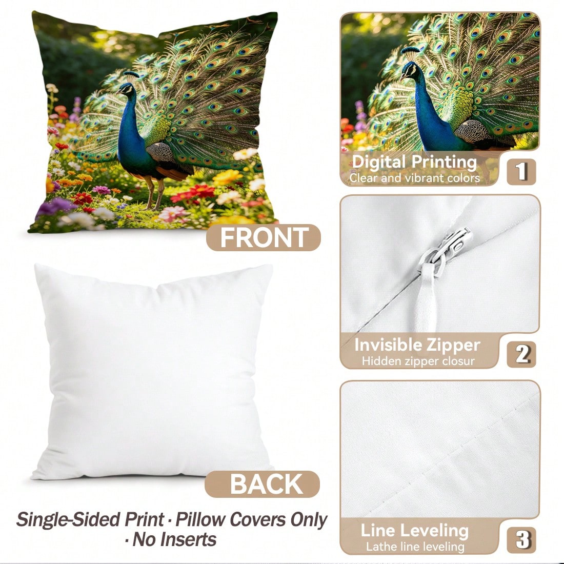 4pcs Peacock Pattern Pillow Covers Without Inserts, Single-Sided Printed Pillow Covers, Suitable For Living Room Bedroom Home Decor, All-Season Pillow Covers