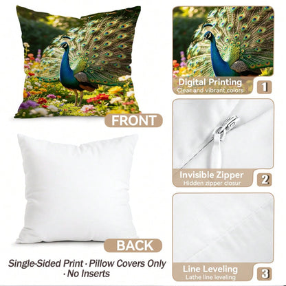 4pcs Peacock Pattern Pillow Covers Without Inserts, Single-Sided Printed Pillow Covers, Suitable For Living Room Bedroom Home Decor, All-Season Pillow Covers