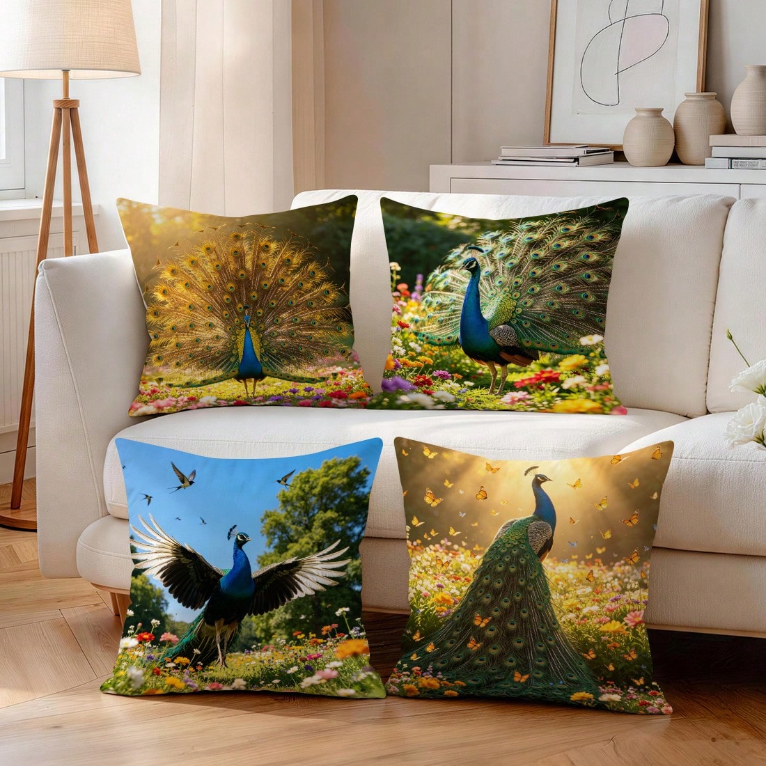 4pcs Peacock Pattern Pillow Covers Without Inserts, Single-Sided Printed Pillow Covers, Suitable For Living Room Bedroom Home Decor, All-Season Pillow Covers