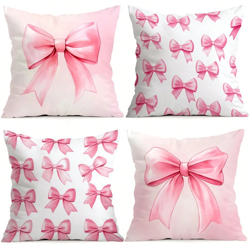 4pcs Pink Bow Pattern Pillow Covers, Single-Sided Printed Cushion Covers, Suitable For Living Room, Bedroom, Home Decor, All Seasons