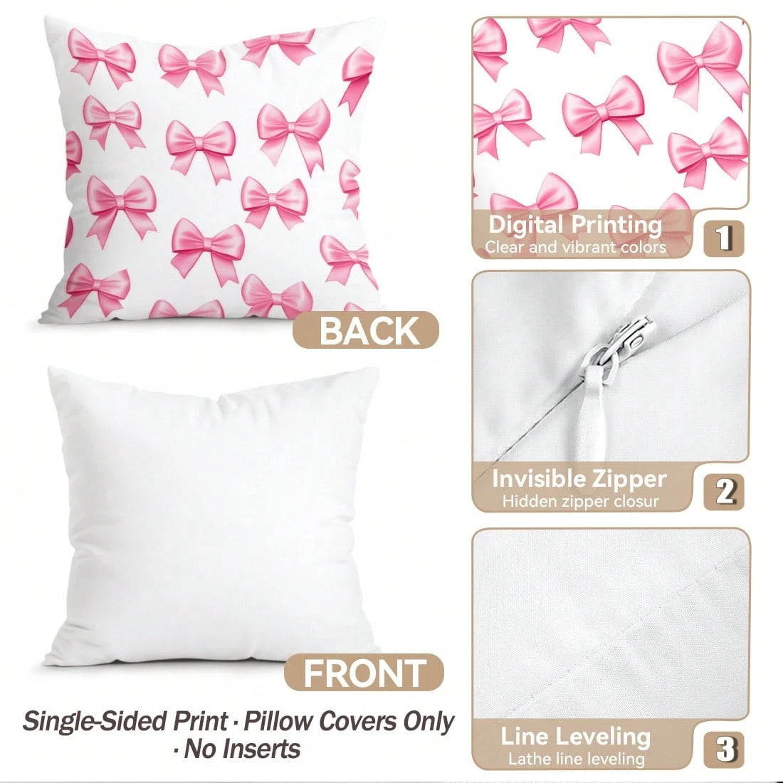 4pcs Pink Bow Pattern Pillow Covers, Single-Sided Printed Cushion Covers, Suitable For Living Room, Bedroom, Home Decor, All Seasons
