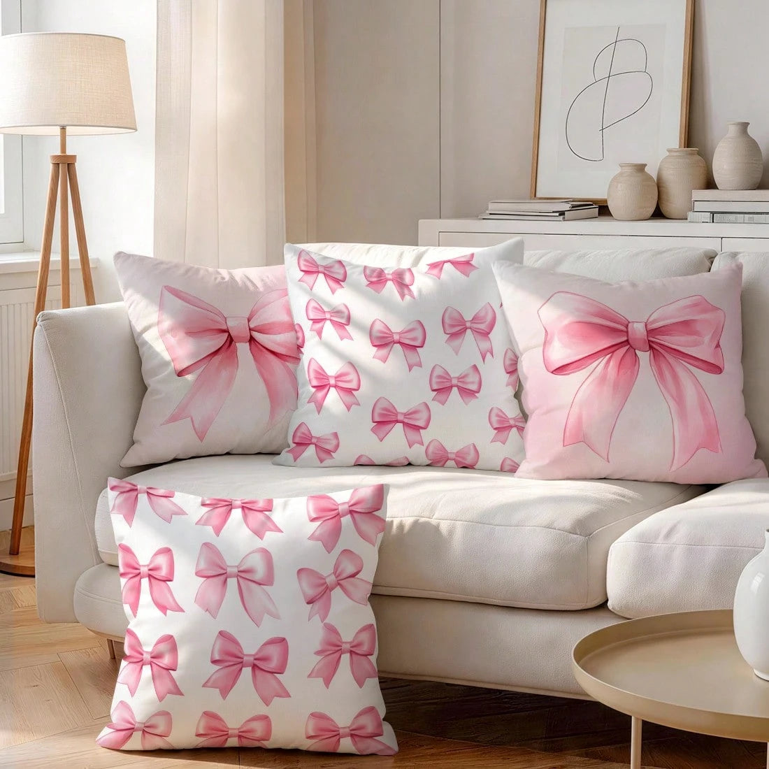 4pcs Pink Bow Pattern Pillow Covers, Single-Sided Printed Cushion Covers, Suitable For Living Room, Bedroom, Home Decor, All Seasons