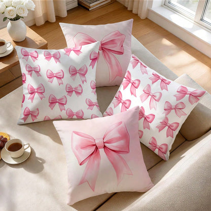 4pcs Pink Bow Pattern Pillow Covers, Single-Sided Printed Cushion Covers, Suitable For Living Room, Bedroom, Home Decor, All Seasons