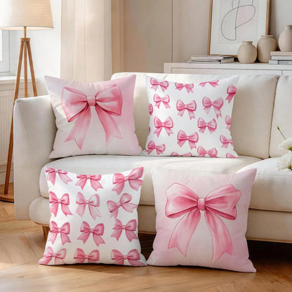 4pcs Pink Bow Pattern Pillow Covers, Single-Sided Printed Cushion Covers, Suitable For Living Room, Bedroom, Home Decor, All Seasons