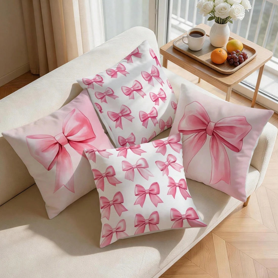 4pcs Pink Bow Pattern Pillow Covers, Single-Sided Printed Cushion Covers, Suitable For Living Room, Bedroom, Home Decor, All Seasons