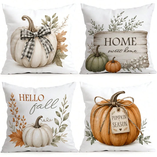 4pcs Plaid Bow White Pumpkin Gentle Autumn Pattern Pillow Covers, Single-Sided Printed Pillow Covers, Suitable For Living Room, Bedroom, Home Decor, All-Season Pillow Covers