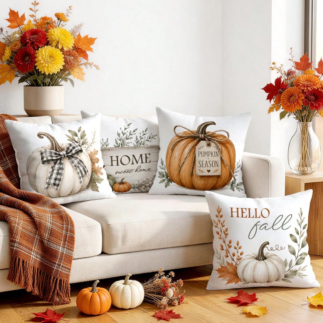 4pcs Plaid Bow White Pumpkin Gentle Autumn Pattern Pillow Covers, Single-Sided Printed Pillow Covers, Suitable For Living Room, Bedroom, Home Decor, All-Season Pillow Covers